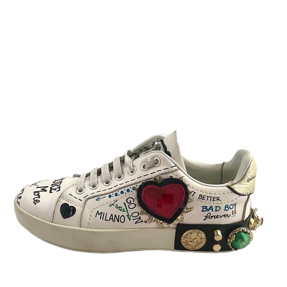 Dolce & Gabbana Sacred Heart Print Low Top Leather Sneakers Size 5 - Picture 6 of 11